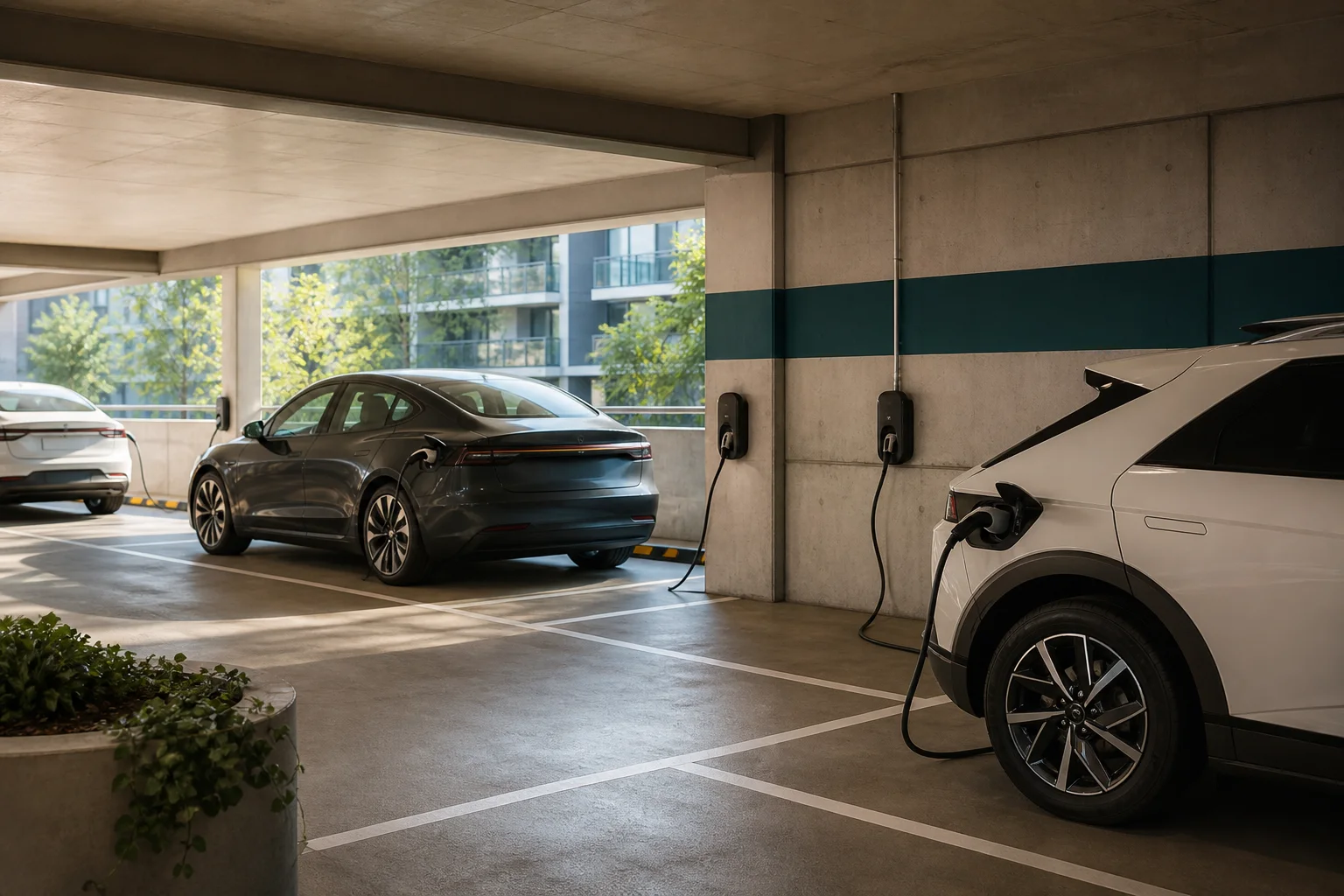 Modern bir apartman otoparkında şarj edilen elektrikli araçlar