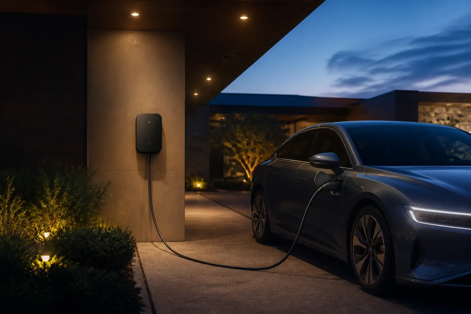 Modern bir evin önünde duvar tipi şarj ünitesine bağlı elektrikli araç