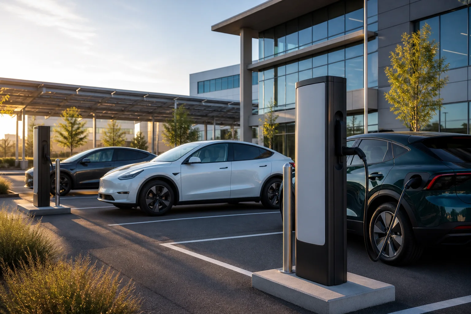 İş yeri otoparkında şarj istasyonlarına bağlı elektrikli araçlar